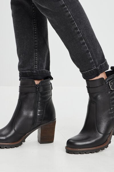 Bottines &agrave; talons en cuir boucle noir femme