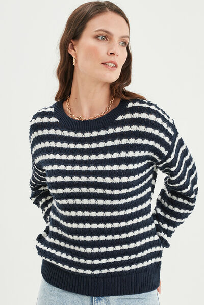 Pull col rond fils métallisés Creeks bleu marine femme