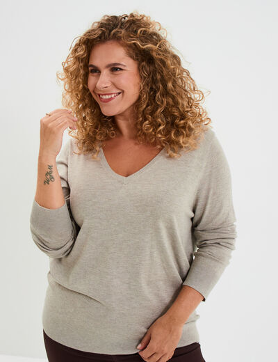 Pull col en V manches longues beige femme grande taille