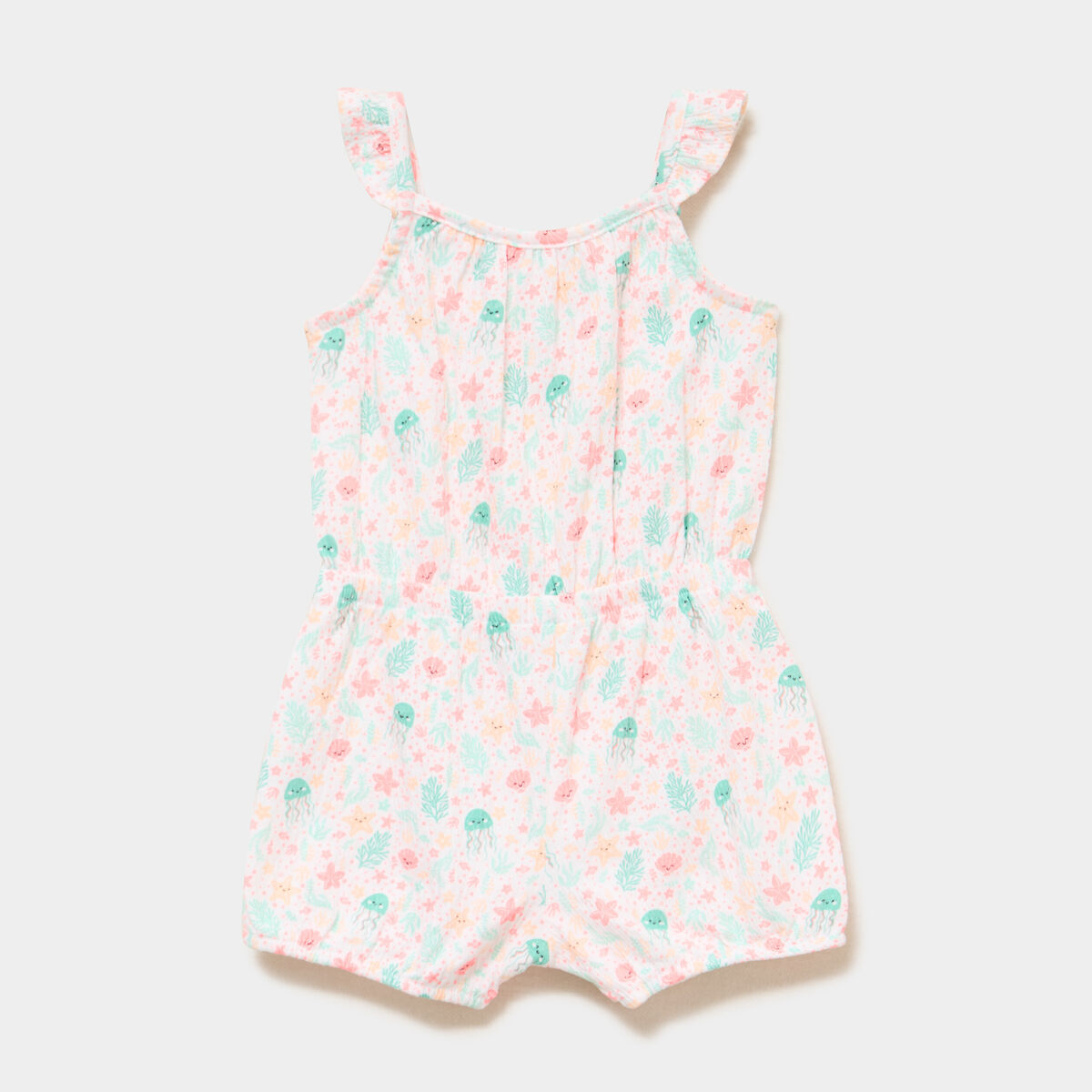 Combishort &agrave; bretelles et volants blanc b&eacute;b&eacute; fille