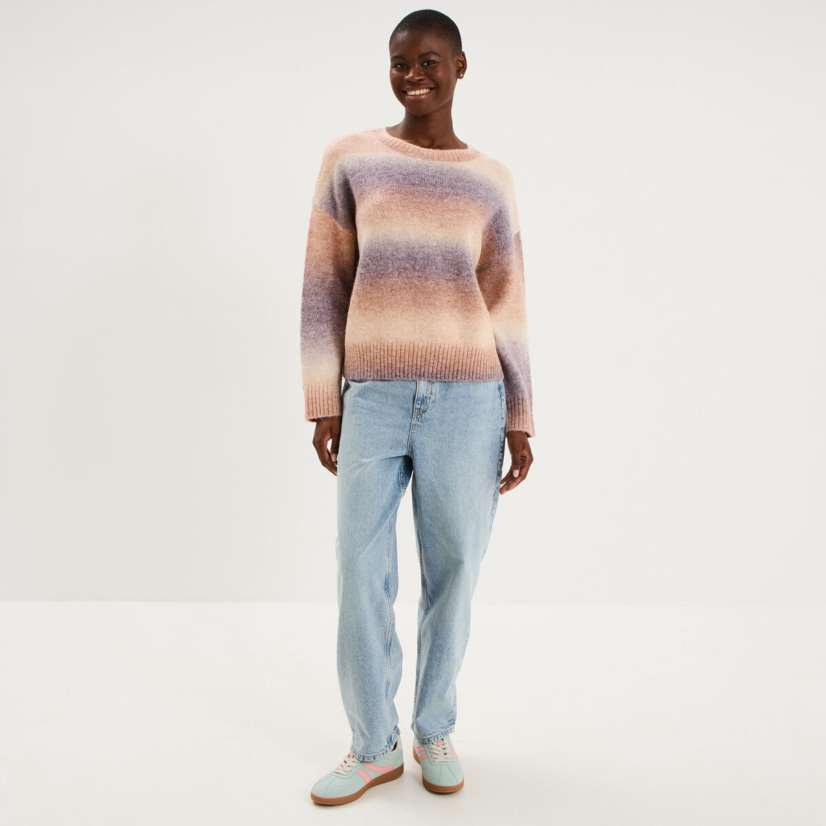 Pull droit col rond manches longues multicolore femme