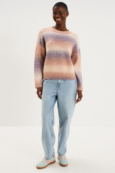 Pull droit col rond manches longues multicolore femme