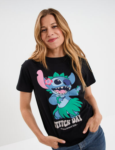 T-shirt manches courtes coton Stitch noir femme