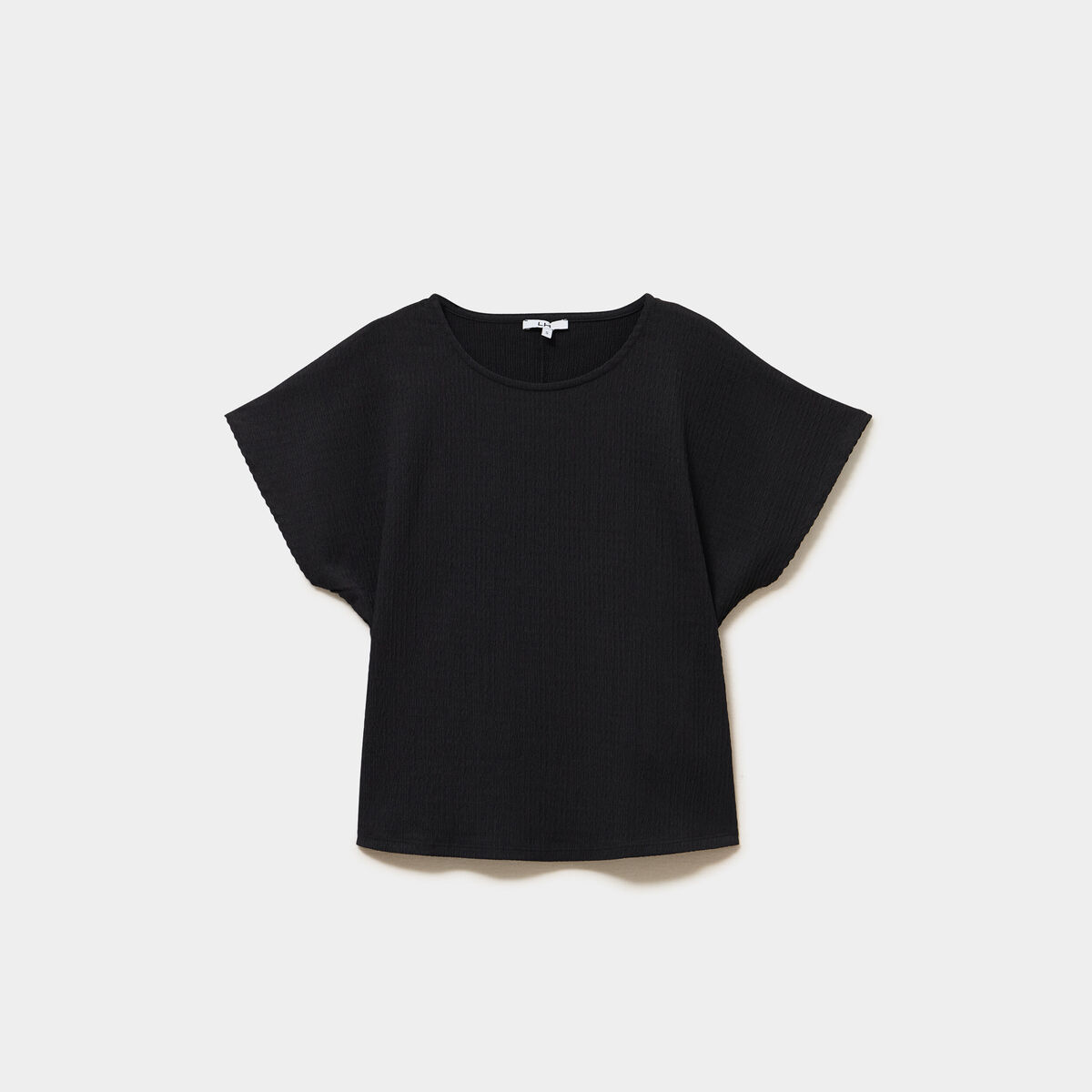 T-shirt gaufr&eacute; col rond manches courtes noir femme
