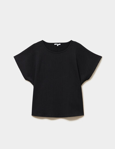 T-shirt gaufr&eacute; col rond manches courtes noir femme