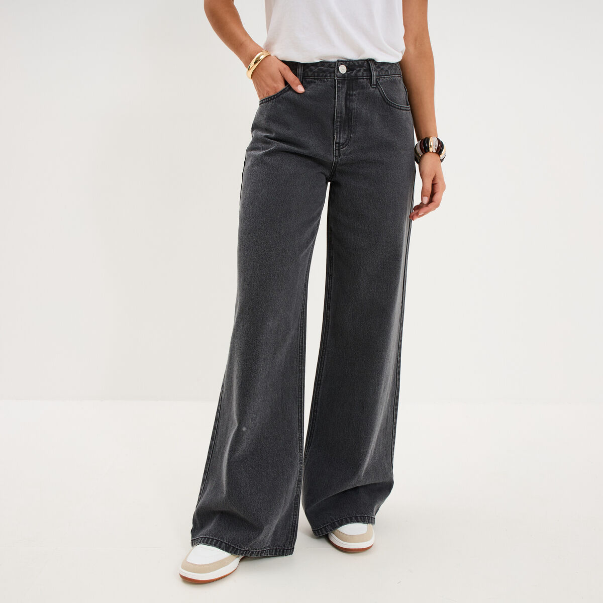 Jeans extra wide leg taille haute denim noir femme