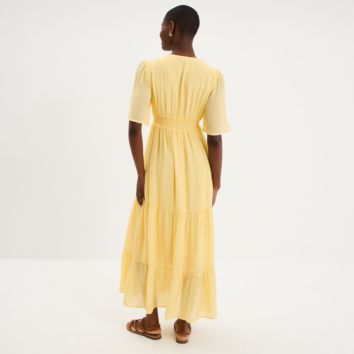 Robe longue fluide &agrave; volants jaune clair femme