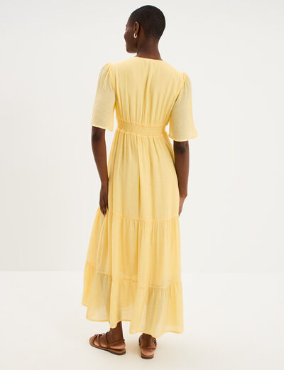 Robe longue fluide &agrave; volants jaune clair femme
