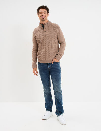 Pull col montant boutonn&eacute; et torsades taupe homme
