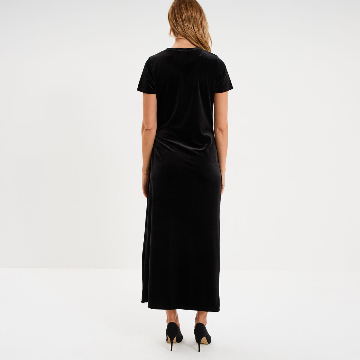 Robe effet velours longue noeud c&ocirc;t&eacute; noir femme