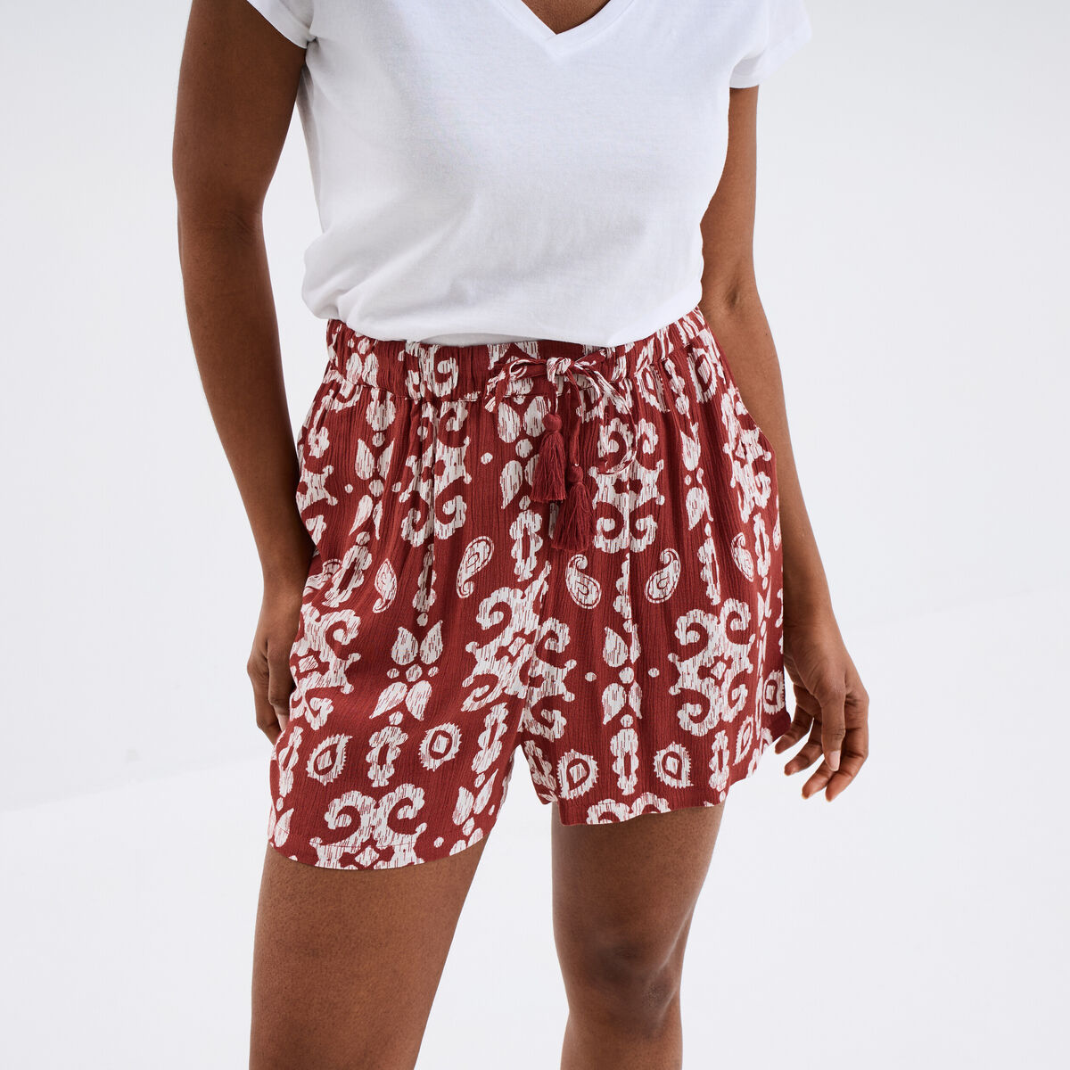 Short large crêpe avec pampilles terracotta femme