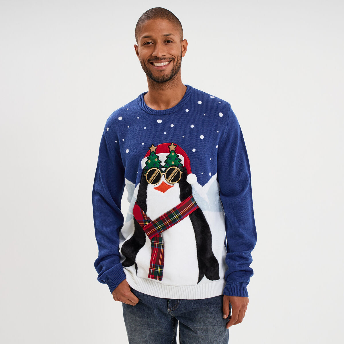Pull de No&euml;l col rond bleu homme