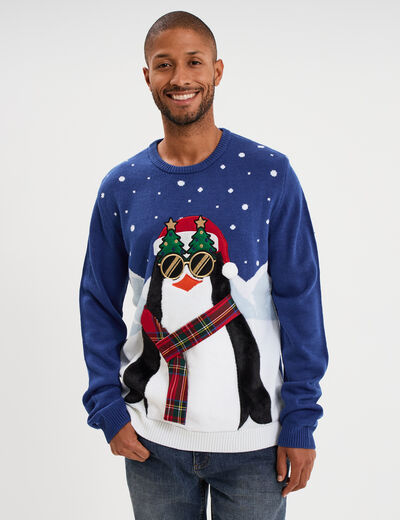 Pull de No&euml;l col rond bleu homme