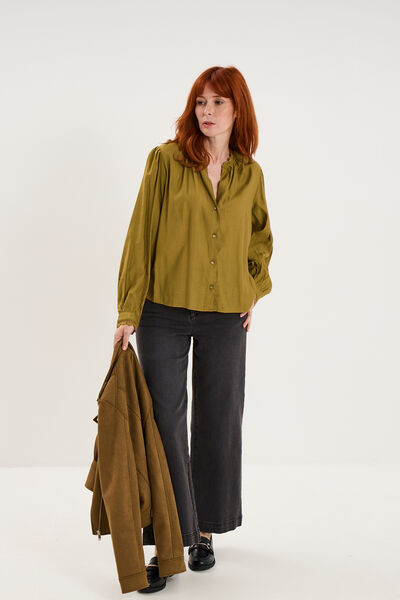 Blouse manches longues col dentelle vert olive femme