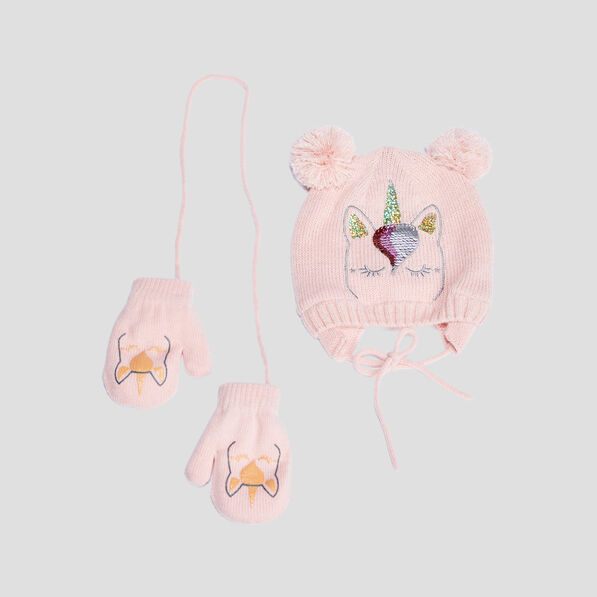 Ensemble bonnet et moufles rose bébé fille