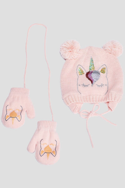 Ensemble bonnet et moufles rose bébé fille