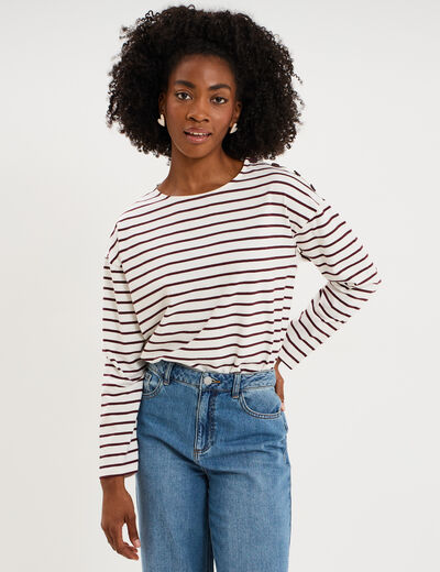 T-shirt marini&egrave;re col rond avec boutons ecru femme