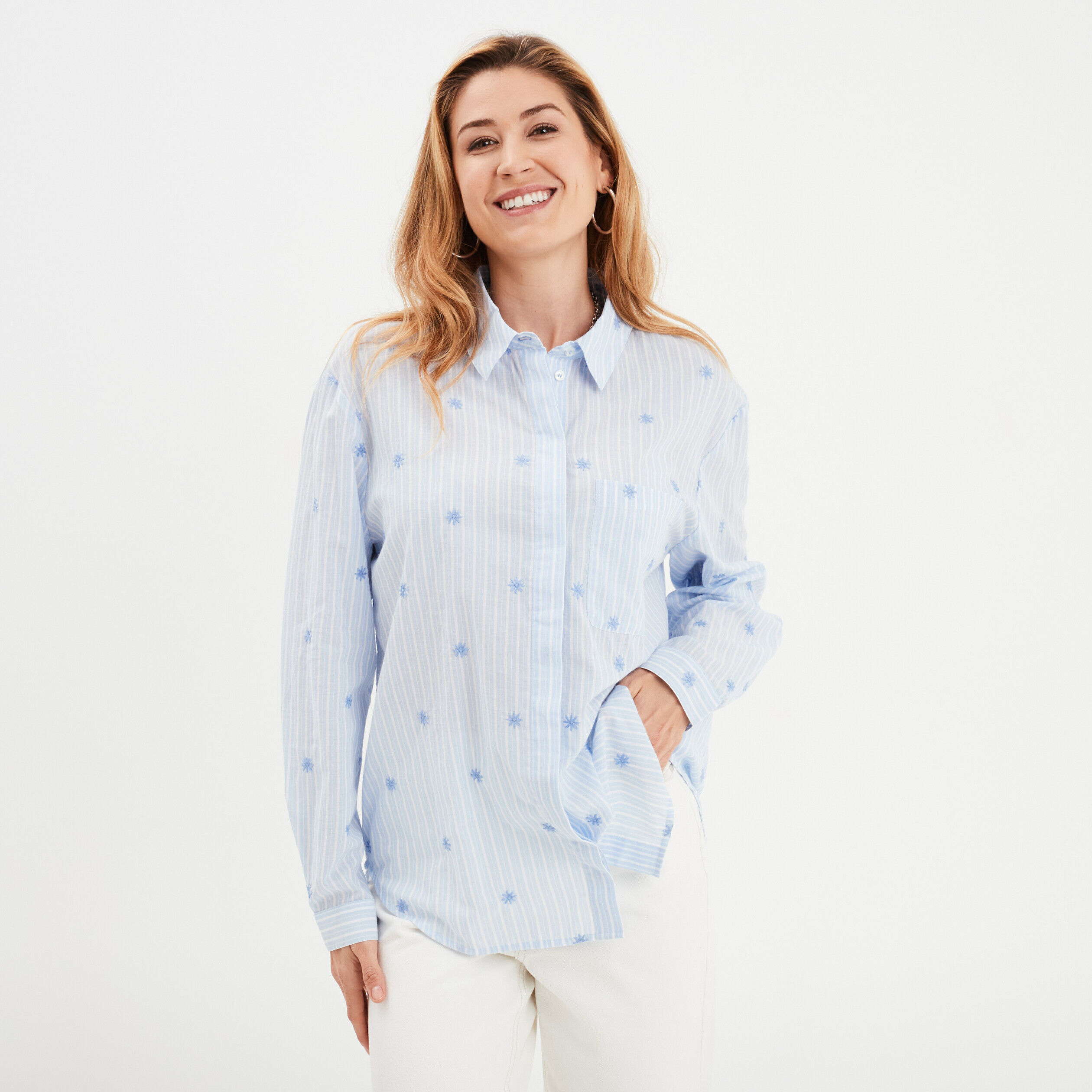 Chemise droite brodée coton bleu clair femme CREEKS
