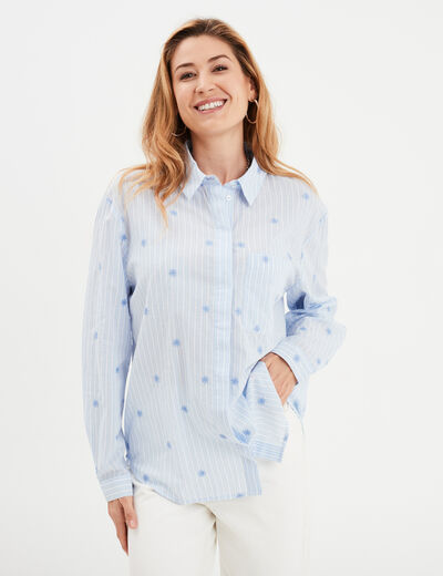 Chemise droite brod&eacute;e coton bleu clair femme