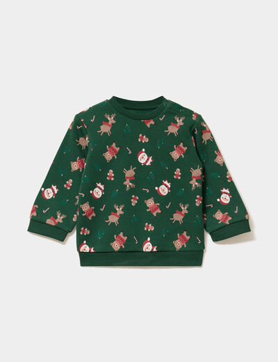 Sweat coton col rond No&euml;l vert b&eacute;b&eacute; gar&ccedil;on