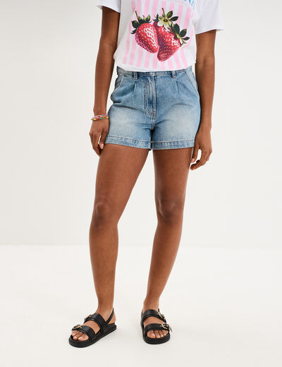 Short en jean avec pinces coton denim double stone femme