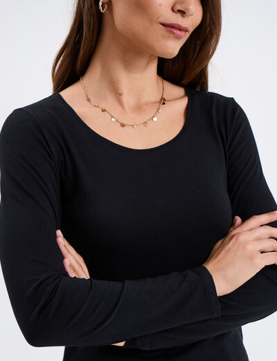T-shirt coton col rond manches longues noir femme