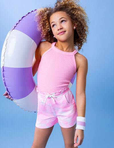 Débardeur côtelé col rond coton rose fluo fille