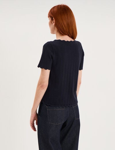 Pull ajour&eacute; col rond manches courtes bleu fonc&eacute; femme