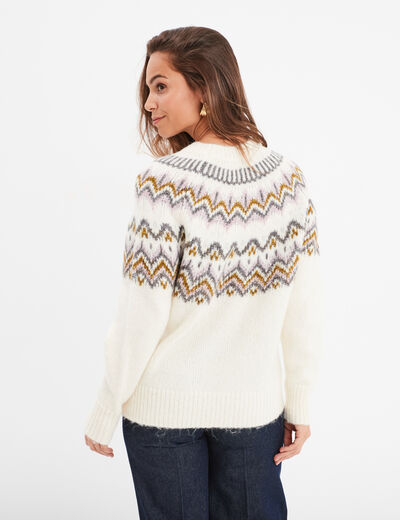 Pull jacquard col rond manches longues beige femme