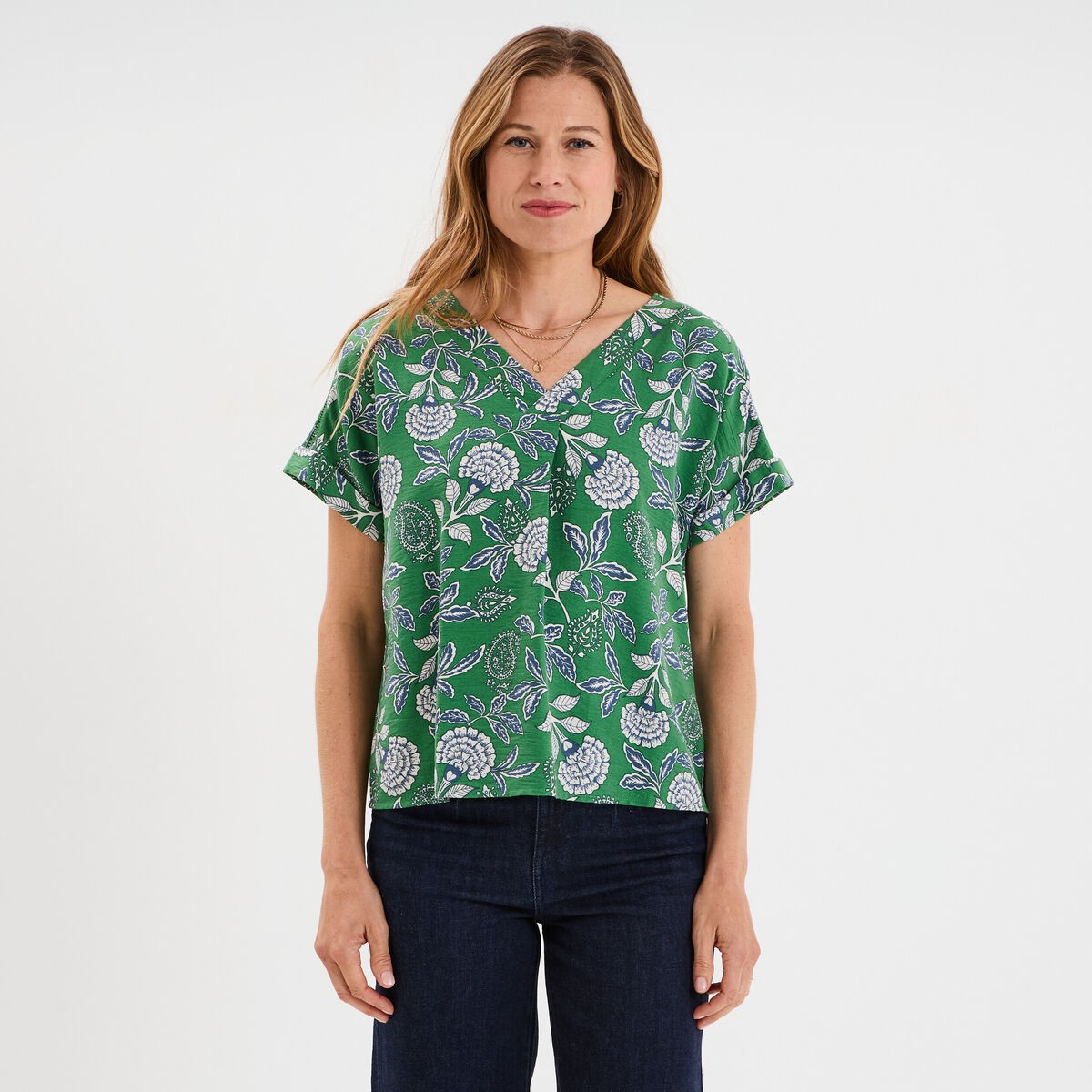Blouse col en V manches courtes vert menthe femme