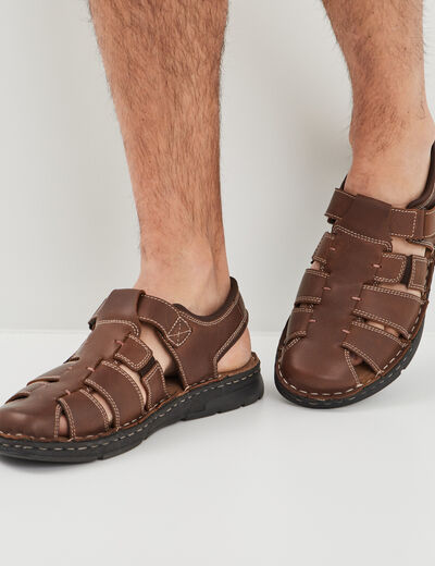 Sandales à scratch en cuir marron homme