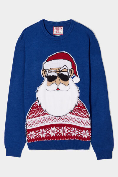 Pull Père-Noël col rond avec pompon bleu homme