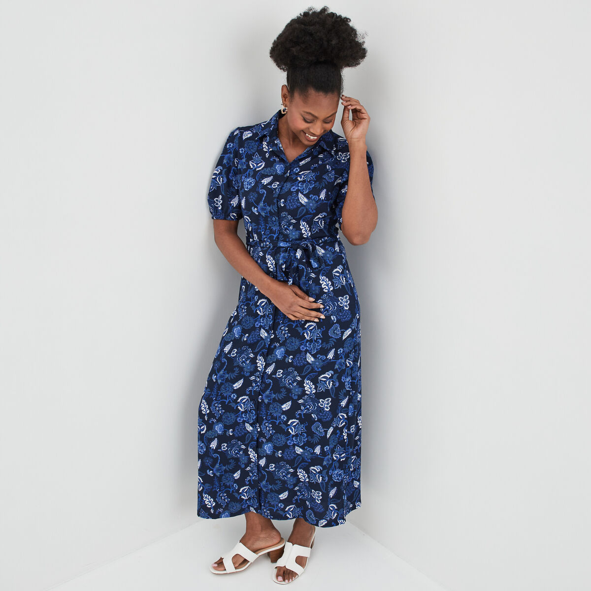 Robe longue chemise ceinturée Creeks bleu marine femme