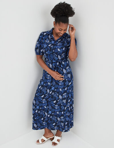 Robe longue chemise ceinturée Creeks bleu marine femme