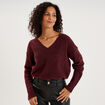 Pull droit &agrave; sequins et col en V prune femme