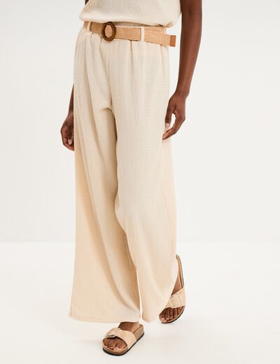 Pantalon fluide large avec ceinture sable femme
