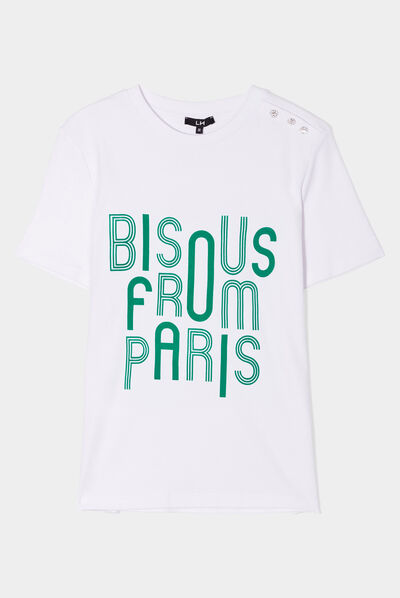 T-shirt boutons strass à l'épaule coton blanc femme