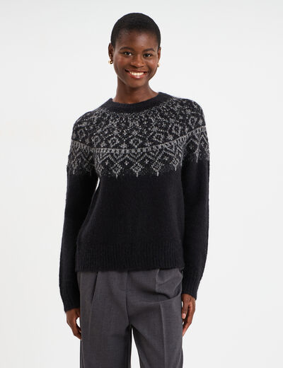 Pull jacquard col rond manches longues noir femme