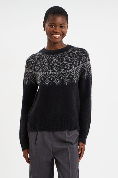 Pull jacquard col rond manches longues noir femme