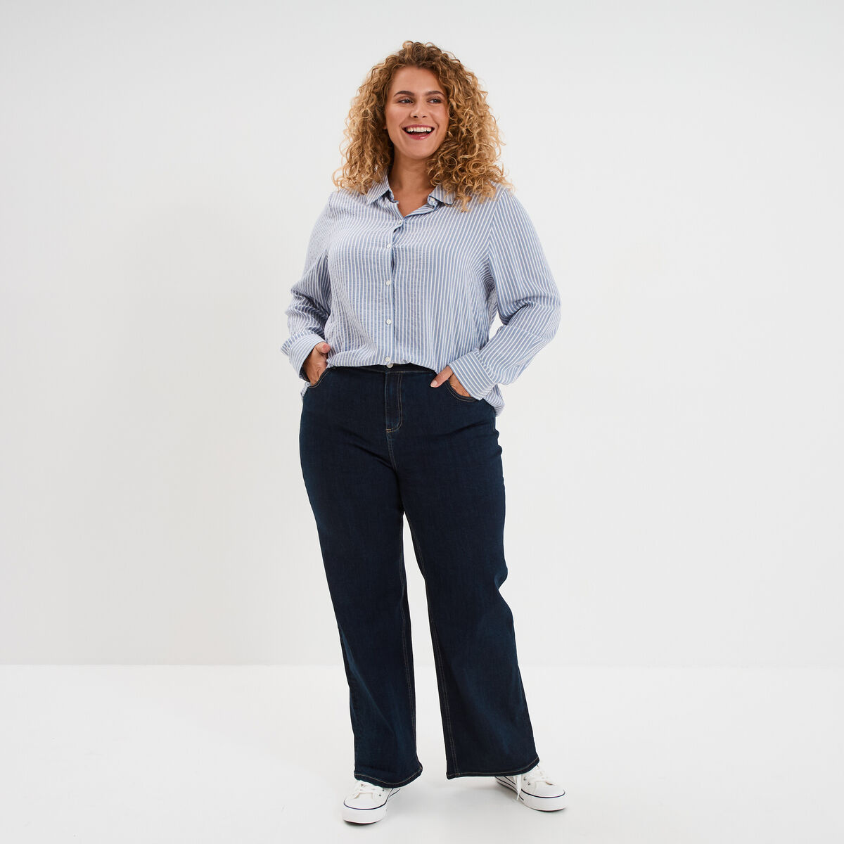 Jean taille haute wide leg cropped denim brut femme grande taille