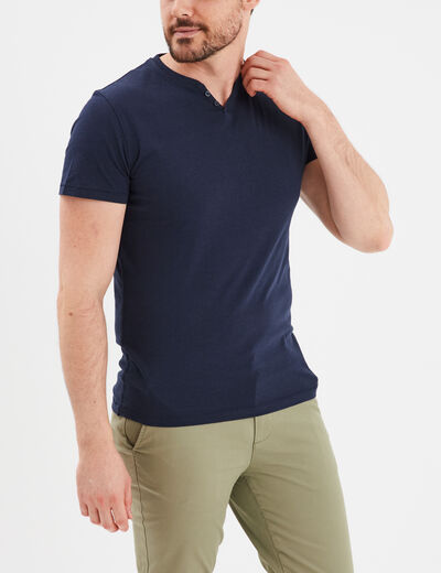 T-shirt manches courtes col tunisien bleu marine homme
