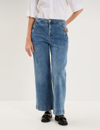 Jean large cropped boutons taille haute denim triple stone femme
