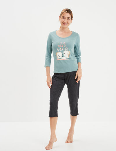 Ensemble pyjama corsaire 2 pièces coton bleu gris femme