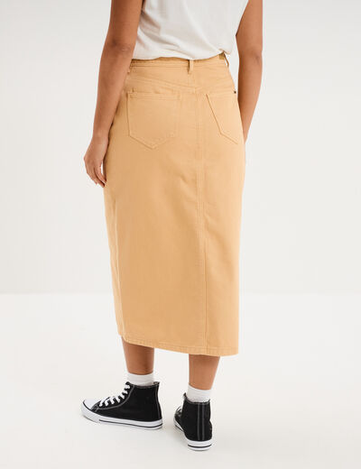 Jupe en jean longue fendue droite beige femme