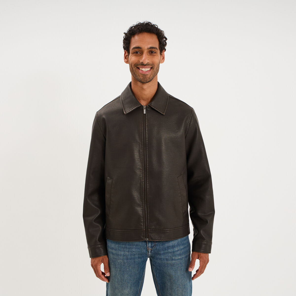Veste courte simili cuir marron homme