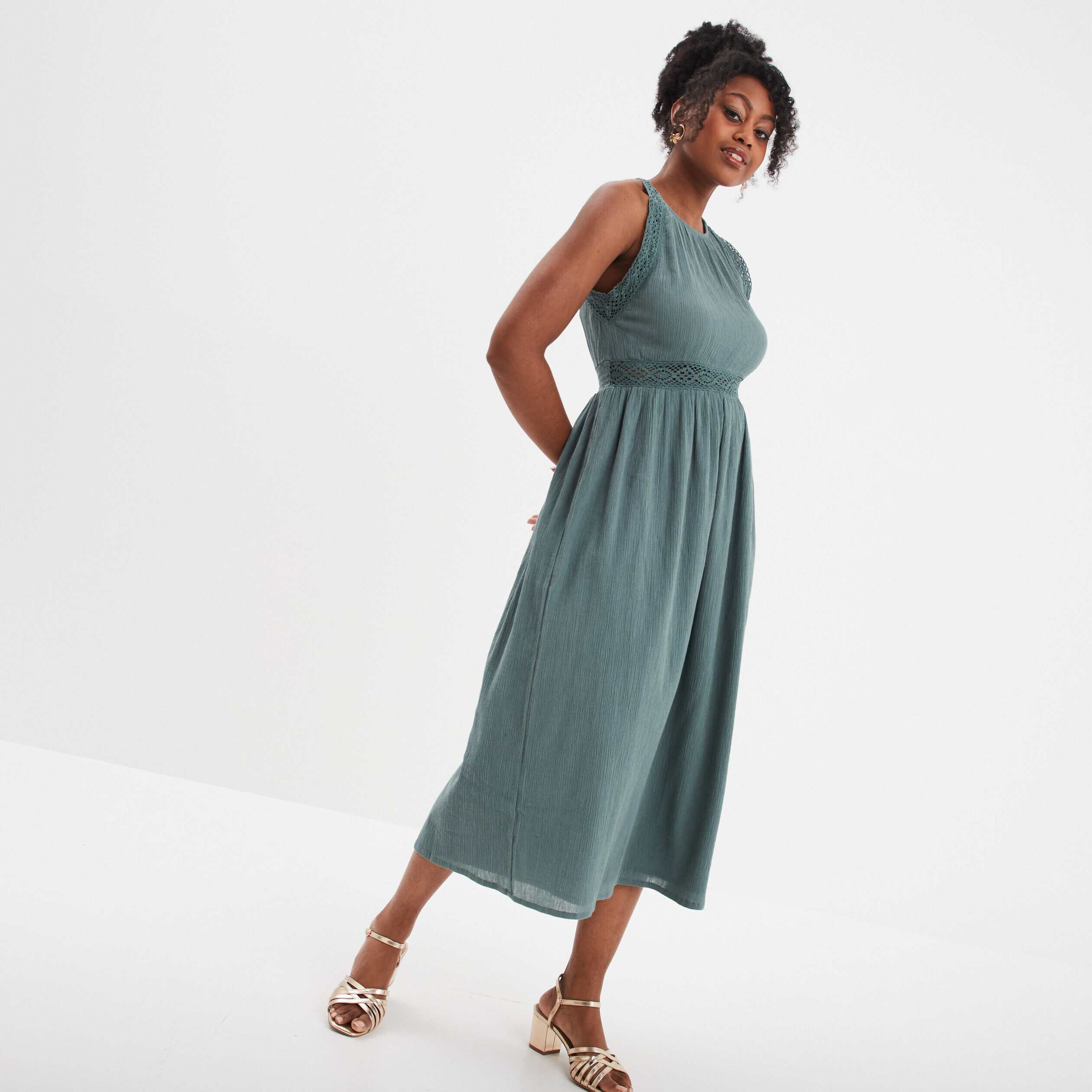 Robe longue détails macramé Creeks vert foncé femme CREEKS