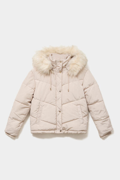 Doudoune doubl&eacute;e capuche fausse fourrure beige femme