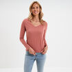 T-shirt col en V manches longues coton vieux rose femme