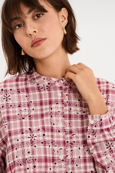 Chemise brod&eacute;e manches longues bordeaux femme