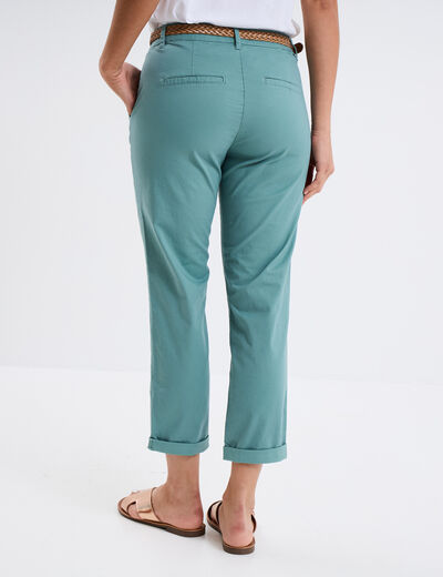 Pantalon chino 7/8ème ceinture tressée bleu gris femme
